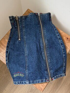 BLUE BOY Vintage Corset High Waist Dual Zip Up Denim Pencil Mini Skirt Y2K